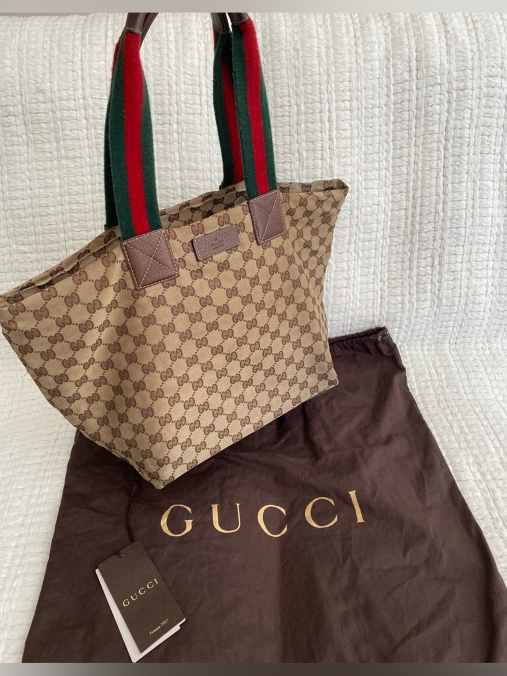 Gucci GG Supreme Canvas Tote Bag Web Stripe Handles Beige Brown - Picture 4 of 15